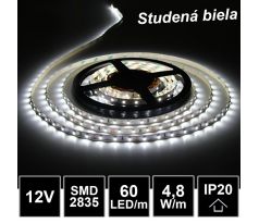 5m LED pásik 60LED/m SMD2835 4,8W/m studená biela IP20 12V