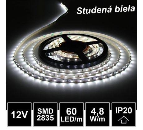 5m LED pásik 60LED/m SMD2835 4,8W/m studená biela IP20 12V