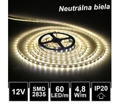 5m LED pásik 60LED/m SMD2835 4,8W/m neutrálna biela IP20 12V