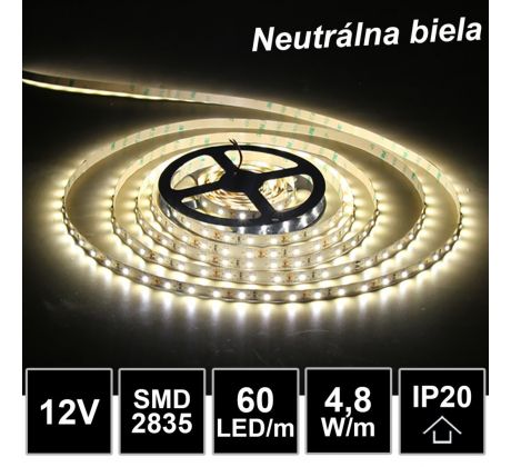 5m LED pásik 60LED/m SMD2835 4,8W/m neutrálna biela IP20 12V