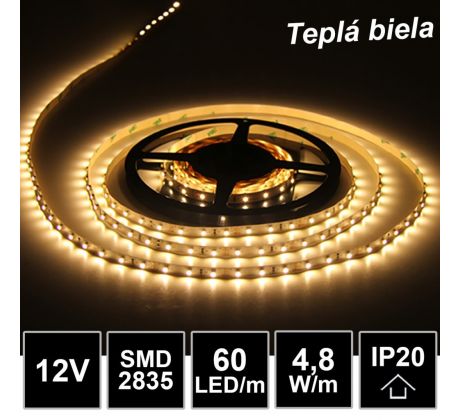 5m LED pásik 60LED/m SMD2835 4,8W/m teplá biela IP20 12V