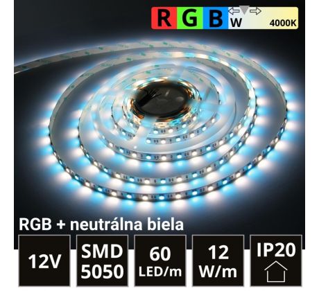 5m LED pásik 60LED/m SMD5050 12W/m IP20 RGB-NW (RGB+neutrálna biela) 12V