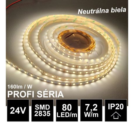 5m PROFI LED pásik 80LED/m SMD2835 7,2W/m neutrálna biela IP20 24V - vysokosvietivý