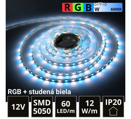 LED pásik 60LED/m SMD5050 12W/m IP20 RGB-CW (RGB+studená biela) 12V