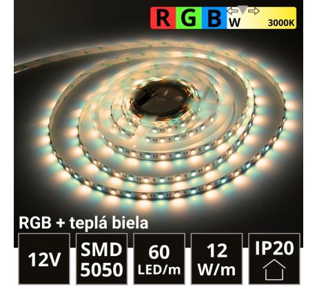 LED pásik 60LED/m SMD5050 12W/m IP20 RGB-WW (RGB+teplá biela) 12V