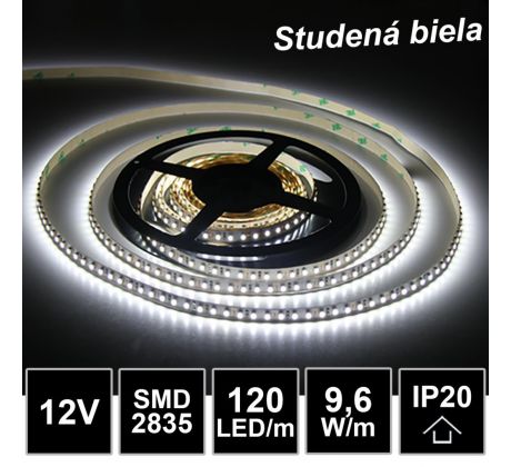 5m LED pásik 120LED/m SMD2835 9,6W/m studená biela IP20 12V