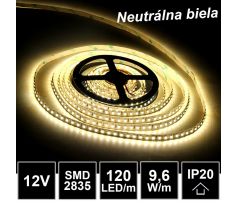 5m LED pásik 120LED/m SMD2835 9,6W/m neutrálna biela IP20 12V