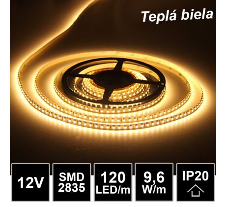 5m LED pásik 120LED/m SMD2835 9,6W/m teplá biela IP20 12V