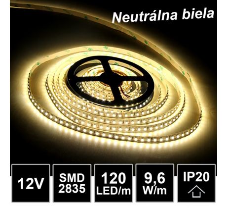 LED pásik 120LED/m SMD2835 9,6W/m neutrálna biela IP20 12V