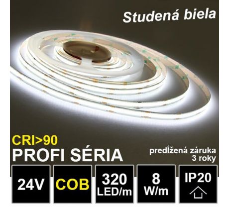 PROFI LED pásik 320LED/m COB 8W/m studená biela IP20 24V