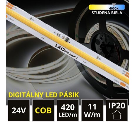 5m LED pás SPI RUNNING 24V COB 420LED/m 11W/m studená biela IP20