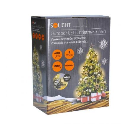 Solight LED vonkajšia vianočná reťaz, 400 LED, 20m, prívod 5m, 8 funkcií, IP44, teplá biela