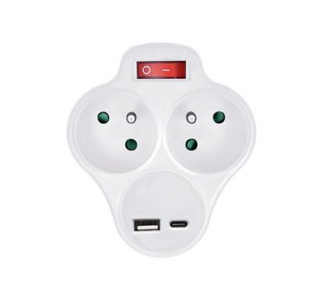 Solight rozbočovač s USB A+C rychlonabíjačkou 20W PD, 2 x 10A, biely, vypínač