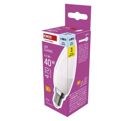 LED žiarovka Classic sviečka / E14 / 4,2 W (40 W) / 470 lm / Studená biela