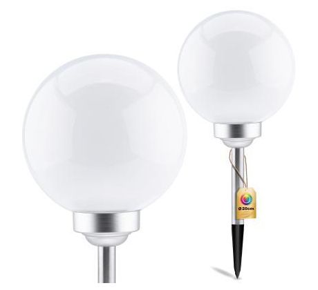 SOLÁRNA LED ZÁHRADNÁ LAMPA WHITE BALL 20CM TEPLÁ BIELA 3500K + RGB